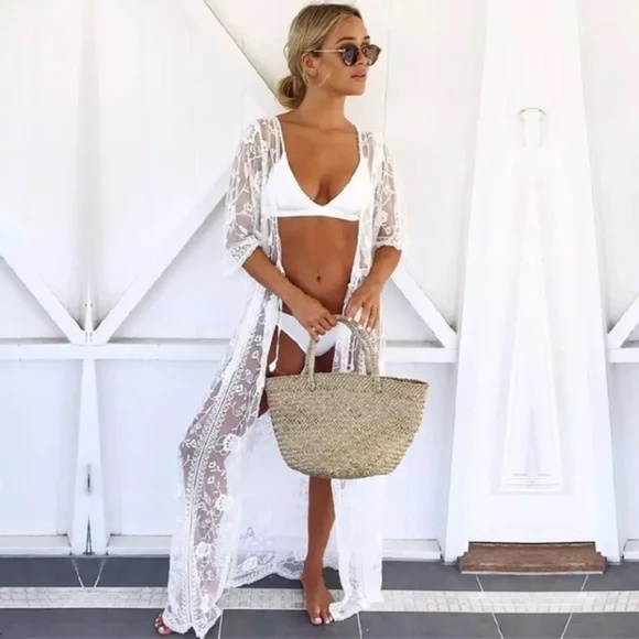 Tops - SOLD OUT Boho Floral Embroidered Lace Kimono Duster Wrap
